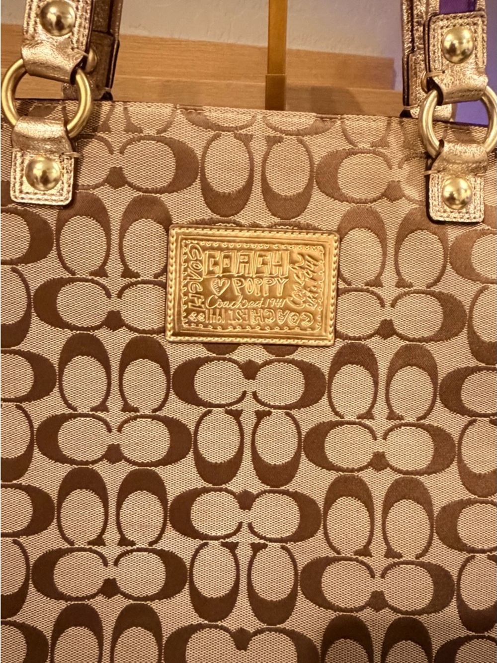 Coach Poppy Tan Signature Tote with Purple Trim and Plaid Scarf - Picture 3 of 4